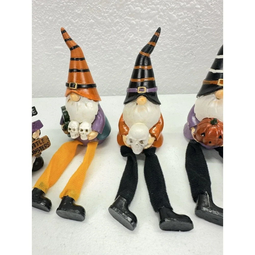Halloween Gnome Decor Lot 6 Witch Gnomes Dangly Legs Pumpkins Skulls